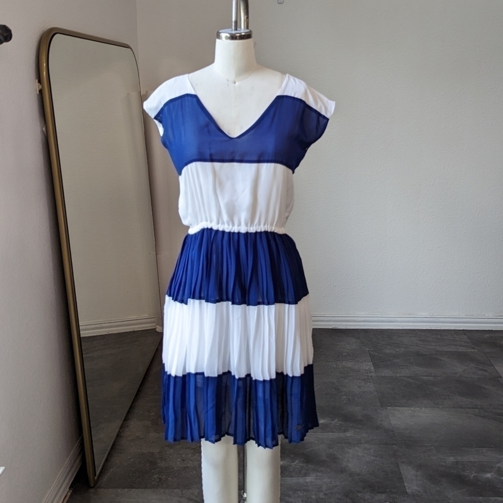 Tommy Girl Striped V Neck Pleated A Line Dress Blue White XS summer preppy